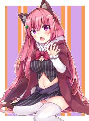 Rule 34 | 1girl, :o, animal ear fluff, animal ears, black shirt, black skirt, bow, bowtie, breasts, claw pose, cleavage, cloak, commentary request, crop top, fang, fox ears, fox girl, fox tail, hair ornament, hand up, hood, hood down, long hair, long sleeves, looking at viewer, maki soutoki, medium breasts, midriff, navel, open mouth, original, panties, pantyshot, pink hair, purple eyes, shirt, short sleeves, sitting, skirt, solo, stomach, striped clothes, striped skirt, tail, thighhighs, underwear, very long hair, white panties, white thighhighs, wide sleeves