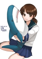 Rule 34 | 1girl, blue sailor collar, blue skirt, bobokuboboku, brown eyes, brown hair, character name, collared shirt, commentary request, dated, hugging doll, highres, ikea shark, kantai collection, looking at viewer, low twintails, neckerchief, hugging object, one-hour drawing challenge, parted bangs, pleated skirt, sailor collar, school uniform, serafuku, shirayuki (kancolle), shirt, short hair, short twintails, simple background, sitting, skirt, solo, stuffed animal, stuffed shark, stuffed toy, twintails, twitter username, wariza, white background