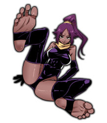 Rule 34 | 1girl, bare shoulders, barefoot, bleach, breasts, dark-skinned female, dark skin, elbow gloves, feet, foot focus, foreshortening, ga320aaa, gloves, highres, leotard, long hair, looking at viewer, ponytail, purple gloves, purple hair, purple thighhighs, scarf, shihouin yoruichi, simple background, smile, solo, spread legs, thighhighs, white background