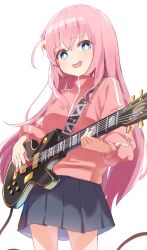 Rule 34 | 1girl, absurdres, aqua eyes, bocchi the rock!, commentary, cowboy shot, cube hair ornament, electric guitar, gotoh hitori, grey skirt, guitar, hair between eyes, hair ornament, hair over shoulder, highres, holding, holding instrument, instrument, jacket, long hair, long sleeves, looking at viewer, music, open mouth, pink hair, pink jacket, playing instrument, pleated skirt, sidelocks, simple background, skirt, smile, solo, standing, symbol-only commentary, track jacket, wep16night, white background