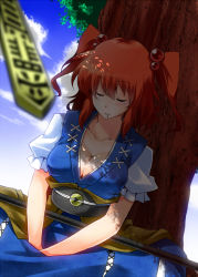Rule 34 | 1girl, breasts, cleavage, collarbone, drooling, closed eyes, female focus, hair bobbles, hair ornament, kasu kazu, large breasts, obi, onozuka komachi, puffy sleeves, red hair, rod of remorse, sash, short hair, short sleeves, sitting, sleeping, solo, touhou, twintails, two side up