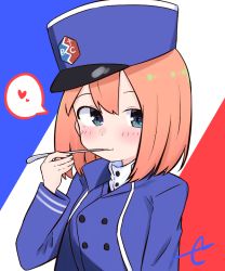 Rule 34 | 1girl, :t, bc freedom (emblem), bc freedom military uniform, blue eyes, blue hat, blue jacket, blue vest, blush, closed mouth, commentary request, cosplay, emblem, eyebrows hidden by hair, french flag, girls und panzer, go-toubun no hanayome, green ribbon, hat, heart, high collar, holding, holding spoon, jacket, kepi, kujou karasuma, looking at viewer, military hat, nakano yotsuba, orange hair, ribbon, shirt, signature, smile, solo, spoken heart, spoon, upper body, utensil in mouth, vest, white shirt