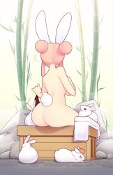 Rule 34 | 1girl, absurdres, animal, animal ears, ass, bamboo, breasts, commentary, completely nude, double bun, english commentary, fiz (fizintine), fizintine, from behind, hair bun, hand on own chest, highres, large breasts, nude, original, outdoors, pink hair, rabbit, rabbit ears, rabbit girl, rabbit tail, rock, sidelocks, sitting, solo, steam, tail, towel, white rabbit (animal), white towel