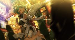 Rule 34 | 1girl, angel wings, barefoot, blurry, chinese text, city, city lights, crowd, earpiece, green hair, highres, holster, lantern, original, science fiction, sleeveless, wings, yoneyama mai