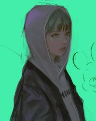 Rule 34 | 1girl, black jacket, clothes writing, facial mark, from side, green background, green eyes, green hair, heart, heart facial mark, highres, hood, hood up, hoodie, jacket, open clothes, open jacket, original, parted lips, short hair, simple background, solo, te&#039;resa, wataboku, white hoodie