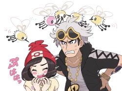 Rule 34 | 1boy, 1girl, :d, alternate color, anger vein, aoaomzir, arm tattoo, beanie, black eyes, black hair, black jacket, blush, brown hair, clenched teeth, closed eyes, commentary, creatures (company), cutiefly, eyelashes, eyeshadow, eyewear on head, floral print, game freak, gen 7 pokemon, grey hair, grey shirt, guzma (pokemon), hand on own hip, hands up, hat, highres, hood, hooded jacket, jacket, leaning forward, makeup, motion lines, multicolored hair, nintendo, open mouth, pokemon, pokemon (creature), pokemon sm, purple eyeshadow, red headwear, selene (pokemon), shiny and normal, shiny pokemon, shirt, short sleeves, smile, sunglasses, symbol-only commentary, tattoo, team skull, teeth, two-tone hair, undercut, upper body, upper teeth only, white background, yellow-framed eyewear, yellow shirt