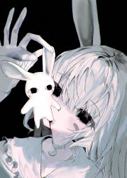 1girl absurdres animal_ears black_background black_eyes blood blood_on_face choker collarbone crescent empty_eyes frills hair_between_eyes hand_up hayu_(hayu0305) highres long_hair long_sleeves looking_at_viewer original portrait rabbit rabbit_ears rabbit_girl simple_background sleeves_past_wrists solo white_choker white_hair