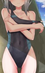 Rule 34 | 1girl, bare arms, bare shoulders, black one-piece swimsuit, blue archive, blush, closed mouth, commentary request, covered navel, day, earrings, grey hair, head out of frame, highres, jewelry, nenosame, one-piece swimsuit, outdoors, pulled by self, shiroko (blue archive), shiroko (swimsuit) (blue archive), smile, solo, strap pull, stud earrings, swimsuit