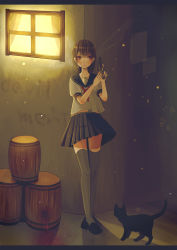 Rule 34 | 1girl, absurdres, alcohol, animal, bad id, bad pixiv id, barrel, bisco (pearl), black thighhighs, bow, brown eyes, brown hair, cat, cigarette, curtains, english text, graffiti, gun, highres, letterboxed, loafers, mole, mole under mouth, original, paper, school uniform, serafuku, shoes, skirt, smoke, smoking, smoking gun, solo, thighhighs, weapon, window, wine, zettai ryouiki