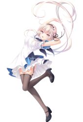 Rule 34 | 1girl, anemoi, arms up, awayuki hiiro, dress, floating hair, flower, full body, garter straps, grey hair, hair flower, hair ornament, hairband, high heels, leg up, long hair, looking at viewer, low ponytail, na-ga, official art, open mouth, pink eyes, smile, solo, thighhighs, transparent background, very long hair