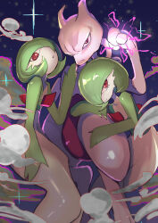 1boy 2girls :o animal_hands blue_background bob_cut closed_mouth collarbone colored_skin creatures_(company) energy flat_chest furrowed_brow furry furry_male game_freak gardevoir gen_1_pokemon gen_3_pokemon green_hair green_skin grey_skin hair_over_one_eye hand_on_own_thigh hand_up happy head_back hetero hugging_another&#039;s_leg interspecies kemurigi_ill legendary_pokemon looking_at_viewer mewtwo multicolored_skin multiple_girls nintendo one_eye_covered open_mouth pokemon pokemon_(creature) purple_eyes purple_skin red_eyes serious shiny_skin short_hair smile smoke sparkle standing two-tone_skin white_skin