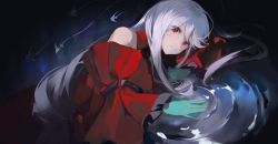 Rule 34 | 1girl, 233baso4, absurdres, aqua gloves, arknights, dark background, detached sleeves, dress, fish, gloves, grey hair, highres, long hair, looking at viewer, lying, official alternate costume, on side, red dress, red eyes, red sleeves, skadi (arknights), skadi the corrupting heart (arknights), sketch, smile, solo, split mouth, very long hair, water