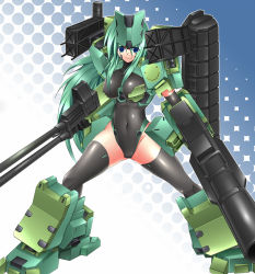 Rule 34 | 1girl, armor, armored core, armored core: for answer, black gloves, black thighhighs, blue eyes, bodysuit, breasts, covered erect nipples, covered navel, dual wielding, elbow gloves, emblem, fighting stance, foreshortening, from software, gloves, gradient background, green hair, groin, gun, hair between eyes, halftone, halftone background, happy, hip focus, holding, impossible clothes, impossible leotard, large breasts, legs apart, leotard, light smile, long hair, m1 bazooka, may greenfield, mecha musume, ment, merrygate, outline, rifle, rocket launcher, shiny clothes, skin tight, smile, smiley face, solo, standing, thighhighs, thighs, turtleneck, very long hair, weapon