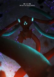 Rule 34 | blurry, blurry foreground, commentary, copyright name, creatures (company), deoxys, deoxys (defense), from behind, game freak, gen 3 pokemon, glowing, mythical pokemon, nintendo, no humans, otsumami (bu-bu-heaven), poke ball symbol, pokemon, pokemon (creature), solo