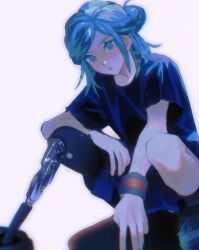 1boy aqua_eyes black_shirt blue_hair colored_eyelashes commentary_request creatures_(company) eyelashes game_freak grusha_(pokemon) hair_bun highres looking_down male_focus nintendo pokemon pokemon_sv prosthesis prosthetic_leg shirt shoes short_sleeves solo t-shirt teeth thxzmgn white_background wristband