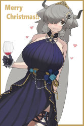 Rule 34 | 1girl, absurdres, animal ears, bad id, bad pixiv id, bare shoulders, black dress, black gloves, border, breasts, crescent, crescent hair ornament, cup, dress, drinking glass, english text, gloves, grey hair, hair ornament, hair over one eye, half gloves, heart, highres, holding, holding cup, horns, jewelry, kemono friends, large breasts, light smile, long hair, looking at viewer, low twintails, merry christmas, necklace, one eye covered, pearl necklace, side slit, simple background, sleeveless, sleeveless dress, solo, star (symbol), star hair ornament, tiara, twintails, very long hair, white background, wine glass, yak (kemono friends), zuchi00