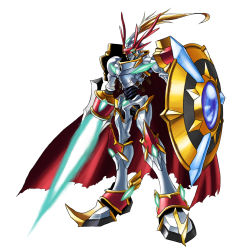 Rule 34 | armor, bandai, cape, digimon, dukemon, dukemon x-antibody, full armor, highres, knight, monster, no humans, official art, polearm, royal knights, shield, simple background, solo, spear, weapon