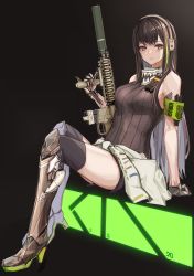 Rule 34 | 1girl, absurdres, assault rifle, black gloves, black shorts, black thighhighs, blush, boots, breasts, brown eyes, brown footwear, brown hair, brown sweater vest, closed mouth, clothes around waist, cup, full body, girls&#039; frontline, gloves, gun, headphones, headset, high heel boots, high heels, highres, holding, holding cup, jacket, jacket around waist, knee boots, lips, lithographica, long hair, looking at viewer, m4 carbine, m4a1 (girls&#039; frontline), medium breasts, multicolored hair, rifle, scarf, shorts, simple background, sitting, solo, sweater vest, thighhighs, walkie-talkie, weapon, white jacket, white scarf