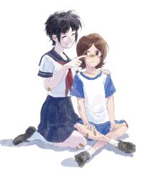 Rule 34 | 2girls, ^ ^, bandaid, bandaid on arm, bandaid on face, bandaid on leg, bandaid on nose, black hair, blue sailor collar, blue shorts, blue skirt, brown eyes, brown footwear, brown hair, closed eyes, collarbone, commentary, crossed legs, frown, full body, hand on another&#039;s shoulder, hands on own legs, highres, indian style, injury, loafers, looking at another, multiple girls, neckerchief, original, parted lips, pleated skirt, pointing, pointing at another, puppie630, red neckerchief, sailor collar, school uniform, seiza, serafuku, shadow, shirt, shoes, short hair, shorts, simple background, sitting, skirt, socks, symbol-only commentary, white background, white shirt, white socks