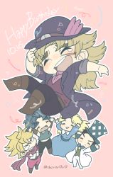 Rule 34 | 1girl, 4boys, black hair, blonde hair, blue dress, blue hair, boots, bow, bowtie, breasts, brown footwear, clenched teeth, closed eyes, coat, crossed arms, dio brando, dress, erina pendleton, facial hair, facial scar, happy birthday, hat, highres, jojo no kimyou na bouken, jonathan joestar, multiple boys, mustache, open mouth, red scarf, robert e. o. speedwagon, scar, scar on cheek, scar on face, scarf, shiro (tiotolv), smile, tank top, tears, teeth, top hat, triangle mouth, twitter username, will anthonio zeppeli