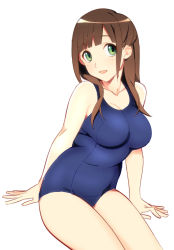 Rule 34 | 1girl, bad id, bad pixiv id, breasts, brown hair, green hair, highres, large breasts, long hair, one-piece swimsuit, open mouth, original, school swimsuit, sitting, smile, solo, suyoko, swimsuit, wariza