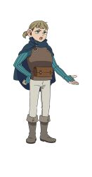 Rule 34 | 1boy, aqua sweater, armor, blue cloak, boots, breastplate, brown hair, cloak, dungeon meshi, full body, green eyes, grey footwear, grey pants, halfling, hand on own hip, highres, leather armor, mickbell tomas, official art, open mouth, pants, short hair, short ponytail, simple background, sleeves past wrists, solo, sweater, tachi-e, teeth, transparent background, upper teeth only