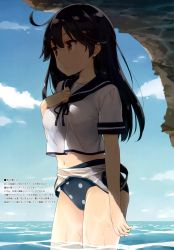 Rule 34 | 10s, 1girl, absurdres, ahoge, bad id, bad yandere id, black hair, blush, breasts, brown eyes, clothes pull, female focus, hand on own chest, highres, kani biimu, kantai collection, large breasts, long hair, midriff, navel, one-piece swimsuit, one-piece swimsuit pull, polka dot, polka dot swimsuit, school uniform, see-through, see-through silhouette, serafuku, shade, solo, swimsuit, ushio (kancolle), wading, water, wet