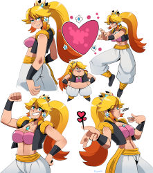 Rule 34 | absurdres, blonde hair, blue eyes, boots, breasts, crossover, crown, dragon ball, dragonball z, earrings, fat, flower, freckles, full body, fusion, gradient hair, hand on own hip, hands on own hips, heart, highres, jewelry, large breasts, long hair, looking back, mario (series), multicolored hair, nintendo, one eye closed, orange hair, pants, ponytail, potara earrings, princess daisy, princess peach, smile, thegreyzen, transformation, v, vest, white background