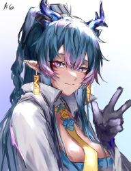 Rule 34 | 1girl, absurdres, arknights, black gloves, blue background, blue eyes, blue hair, blush, braid, breasts, closed mouth, coat, detached collar, dragon horns, earrings, eyeshadow, gloves, gradient background, gradient hair, highres, horns, jewelry, large breasts, ling (arknights), looking at viewer, makeup, multicolored hair, necktie, open clothes, open coat, pointy ears, purple hair, smile, solo, upper body, w, white background, white coat, yellow necktie, yuukiey