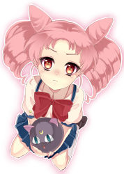 Rule 34 | 1990s (style), bad id, bad pixiv id, bishoujo senshi sailor moon, bishoujo senshi sailor moon r, chibi usa, child, cone hair bun, dress, hair bun, highres, kurabayashi, long hair, looking up, luna-p, pink hair, red eyes, retro artstyle, short twintails, suspenders, twintails, white background