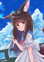 Rule 34 | 1girl, alternate costume, animal ears, azur lane, black hair, blue sky, blunt bangs, blurry, blush, bow, casual, cloud, cloudy sky, commentary request, contemporary, depth of field, dress, food, fox ears, fox girl, fox tail, holding, holding food, long hair, looking at viewer, m ko (maxft2), nagato (azur lane), parted lips, popsicle, sailor dress, short sleeves, sidelocks, signature, sky, solo, tail, yellow eyes