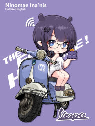 Rule 34 | absurdres, blue eyes, blush, character name, chibi, copyright name, finger to mouth, glasses, headphones, headphones around neck, highres, hololive, hololive english, looking at viewer, motor vehicle, ninomae ina&#039;nis, ninomae ina&#039;nis (loungewear), official alternate costume, official alternate hair length, official alternate hairstyle, on scooter, pointy ears, purple background, purple hair, scooter, shirt, slippers, takodachi (ninomae ina&#039;nis), vehicle request, vespa, virtual youtuber, white shirt, yoyoko707
