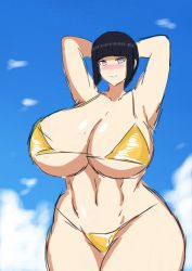 Rule 34 | 1girl, abs, alternate breast size, armpits, arms behind head, arms up, bikini, black hair, blush, breasts, cleavage, curvy, highres, huge breasts, hyuuga hinata, purple eyes, looking at viewer, mature female, naruto, naruto (series), naruto shippuuden, short hair, smile, solo, standing, swimsuit, thick thighs, thighs, wide hips