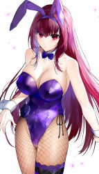 Rule 34 | 1girl, animal ears, detached collar, fake animal ears, fate/grand order, fate (series), fishnets, hairband, highleg, highleg leotard, highres, koyo akio, leotard, long hair, official alternate costume, pantyhose, scathach (piercing bunny) (fate), playboy bunny, purple hair, purple hairband, purple leotard, purple neckwear, rabbit ears, red eyes, scathach (fate), solo, strapless, strapless leotard, wrist cuffs