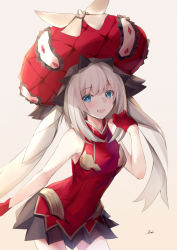 Rule 34 | 1girl, absurdres, bare arms, bare shoulders, bee doushi, black skirt, blue eyes, blush, commentary request, cowboy shot, fate/grand order, fate (series), frilled hat, frills, gloves, grey background, hair between eyes, half gloves, hand up, hat, highres, long hair, looking at viewer, marie antoinette (fate), pleated skirt, red gloves, red hat, red shirt, shirt, sidelocks, signature, simple background, skirt, sleeveless, sleeveless shirt, solo, twintails, very long hair