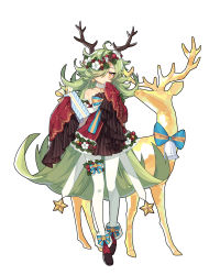 Rule 34 | 1girl, absurdres, ahoge, antlers, bare shoulders, bell, blue bow, bow, detached sleeves, earrings, flower, full body, gift, green hair, hair flower, hair ornament, hair over one eye, highres, holly, horns, ibex, jewelry, long hair, looking at viewer, original, pantyhose, pinecone, red footwear, red skirt, simple background, skirt, sleeves past fingers, sleeves past wrists, solo, standing, star (symbol), thigh strap, very long hair, white background, white pantyhose, wide sleeves, yellow eyes