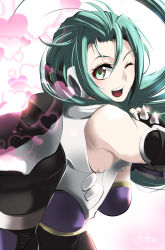 Rule 34 | 1girl, aschen brodel, black gloves, boots, breasts, floating hair, from side, gloves, green eyes, green hair, hair between eyes, heart, highres, hoshino (pixiv12796893), long hair, looking back, medium breasts, one eye closed, open mouth, shoe soles, solo, spiked gloves, super robot wars, super robot wars og saga mugen no frontier