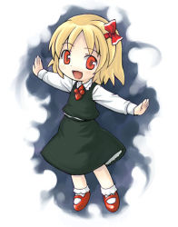 Rule 34 | 1girl, blonde hair, chibi, chibi only, darkness, embodiment of scarlet devil, female focus, hair ribbon, necktie, open mouth, outstretched arms, red eyes, ribbon, rumia, sakumo (karatama), short hair, solo, spread arms, touhou