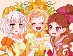 Rule 34 | 3girls, bad id, bad pixiv id, blonde hair, blush, bow, brown hair, cure flora, earrings, closed eyes, food-themed hair ornament, gloves, go! princess precure, green eyes, hair bow, hair ornament, holding hands, haruno haruka, jewelry, long hair, magical girl, multicolored hair, multiple girls, necklace, pink bow, pink hair, ponytail, precure, princess pumplulu, pumpkin hair ornament, purin (purin0), purple eyes, refi (go! princess precure), sepia background, short hair, smile, streaked hair, two-tone hair, upper body, yellow bow, yellow gloves