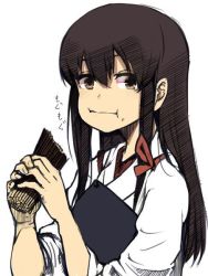 Rule 34 | 1girl, akagi (kancolle), black hair, brown eyes, commentary request, eating, food, japanese clothes, kantai collection, kurou (bcrow), long hair, muneate, nontraditional miko, pocky, simple background, solo, tasuki, upper body, white background