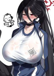 Rule 34 | 1girl, black bra, black hair, blue archive, bra, breasts, chibi, chibi inset, choker, collarbone, cowboy shot, gym uniform, hair between eyes, hasumi (blue archive), hasumi (track) (blue archive), highres, imuzi, jacket, large breasts, long bangs, looking at viewer, low wings, official alternate costume, ponytail, red eyes, shirt, solo focus, track jacket, tying hair, underwear, upper body, wet, wet clothes, wet shirt, white background, wings