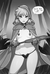 Rule 34 | 1girl, bad id, bad tumblr id, black panties, blush, breasts, choker, cloak, commentary, gloves, greyscale, hair bobbles, hair ornament, highres, hood, hooded cloak, leather, leather gloves, little red riding hood, little red riding hood (grimm), looking at viewer, mole, mole under eye, monochrome, navel, open mouth, optionaltypo, paddle, panties, short hair, signature, small breasts, smile, solo, speech bubble, underwear