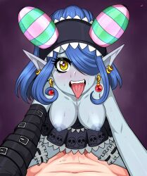 Rule 34 | 1boy, 1girl, appmon, blue skin, breasts, breasts out, colored skin, digimon, highres, medium breasts, mienumon, open mouth, tongue, tongue out, vaginal