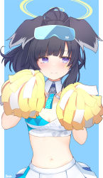 Rule 34 | 1girl, animal ears, bare shoulders, basa rutan, black hair, blue archive, blue background, blush, breasts, cheerleader, cleavage, closed mouth, commentary request, dog ears, facial mark, goggles, goggles on head, halo, hands up, hibiki (blue archive), hibiki (cheer squad) (blue archive), highres, holding, medium breasts, millennium cheerleader outfit (blue archive), navel, pleated skirt, pom pom (cheerleading), ponytail, purple eyes, skirt, solo, star (symbol), two-tone background, white background, white skirt, yellow halo