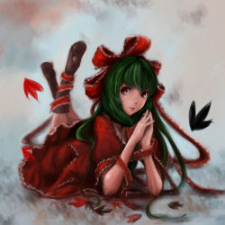 Rule 34 | 1girl, arm ribbon, arm support, boots, bow, dress, face, female focus, frills, front ponytail, goichi, green hair, hair bow, hair ribbon, kagiyama hina, leaf, leg ribbon, legs up, lips, long hair, looking at viewer, lying, on stomach, own hands together, red dress, red eyes, ribbon, solo, touhou