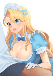 Rule 34 | 1boy, 1girl, :d, akagi kurage, asymmetrical bangs, azur lane, blonde hair, blue bow, blue dress, blue eyes, blush, bow, boxer briefs, breasts, cleavage, collarbone, detached collar, dress, emile bertin (azur lane), emile bertin (maid fantastique) (azur lane), eyes visible through hair, frilled dress, frills, gloves, hair between eyes, hair bow, hand on another&#039;s thigh, highres, large breasts, long hair, looking at another, maid headdress, male underwear, open mouth, puffy short sleeves, puffy sleeves, shirt, short sleeves, smile, solo focus, underwear, white background, white gloves, white shirt