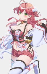 Rule 34 | 1girl, :o, ahoge, bell, black choker, blush, breasts, cat tail, choker, cleavage, crop top, dot nose, floating hair, green eyes, grey background, hair ribbon, highres, hololive, japanese clothes, knee up, large breasts, long hair, looking at viewer, midriff, nail polish, navel, neck bell, official alternate costume, open mouth, pink nails, pom pom (clothes), red hair, red shorts, reulem, ribbon, sakura miko, sakura miko (work), short shorts, shorts, side-tie shorts, skindentation, solo, stomach, tail, thighhighs, thighs, two side up, virtual youtuber, white thighhighs, wide sleeves