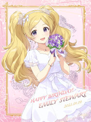 Rule 34 | 1girl, 2023, absurdres, blonde hair, blush, bouquet, bow, bracelet, character name, collarbone, dress, earrings, emily stewart, eyelashes, flower, hair ornament, hairband, happy birthday, highres, holding, holding bouquet, idolmaster, idolmaster million live!, idolmaster million live! theater days, jewelry, long hair, looking at viewer, open mouth, parted bangs, pendant, purple eyes, purple flower, ribbon, see-through, see-through sleeves, shiro (ongrokm), short sleeves, smile, solo, twintails, very long hair, violet (flower), white dress
