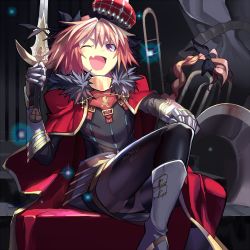 Rule 34 | 1boy, astolfo (fate), black panties, black thighhighs, braid, cape, crown, e volution, fang, fate/apocrypha, fate (series), garter straps, hair ribbon, long hair, looking at viewer, male focus, mini crown, one eye closed, open mouth, panties, pantyshot, pink hair, purple eyes, ribbon, single braid, sitting, smile, solo, thighhighs, throne, trap, underwear, upskirt