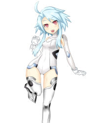 Rule 34 | 10s, 1girl, :d, absurdres, ahoge, bad id, bad pixiv id, bare shoulders, blanc (neptunia), blue hair, blush, cameltoe, claws, fang, female focus, gauntlets, gear gene, gene (gear gene), gloves, halterneck, highres, leg lift, leotard, long hair, looking at viewer, magical girl, neptune (series), open mouth, red eyes, short hair with long locks, sidelocks, simple background, smile, solo, standing, standing on one leg, symbol-shaped pupils, teeth, turtleneck, unfinished, white background, white gloves, white heart (neptunia), white legwear